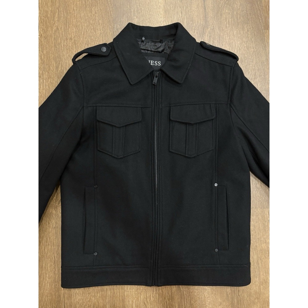 Guess Jacket Mens M Black Wool Military Quilted Lined Full Zip Heavy Coat